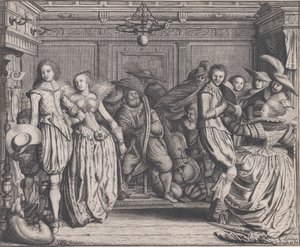 踊るカップルとミュージシャンがいるインテリア、カリフォルニア州。 1620年。 作： Cornelis Koning