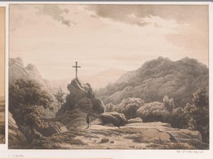 岩の上の十字架のある山の風景 作： Cornelis Lieste
