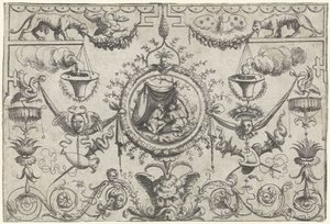 布の下にひざまずく 3 人の人物の装飾 作： Cornelis Massijs (attributed to)