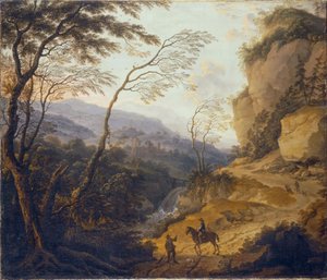 オランダ：会話する騎手と猟師のいる山の風景 作： コルネリス・マシュー