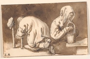 ひざまずく男性とバスケットを持つ女性 作： Cornelis Pietersz Bega