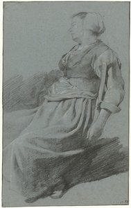 左を向いて帽子をかぶり、腕を椅子の背もたれに掛けて座っている女性 作： Cornelis Pietersz. Bega