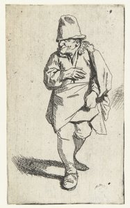 シルクハットまたはキャップをかぶり、右手を胸の前に置いた立っている男性 作： Cornelis Pietersz. Bega