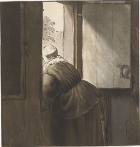 一番下のドアに寄りかかる女性 作： Cornelis Ploos van Amstel (signed by artist)