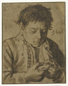 ノミを摘み取る少年、半分の長さ 作： Cornelis Saftleven