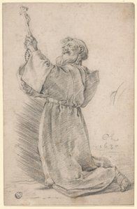 十字架を持ったひざまずく修道士 作： Cornelis Saftleven