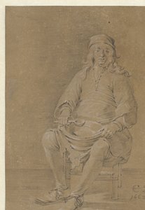 膝の上にボウルを置いて座っている男性 作： Cornelis Saftleven