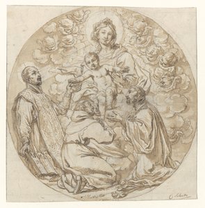 ロヨラの聖イグナチオ、聖フランシスコ・ザビエル、修道士に愛される聖母子 作： Cornelis Schut (I)