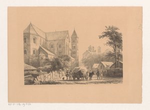 11 世紀の教会の前で荷馬車に乗った牛 聖ペテロ教会 作： Cornelis Springer