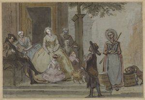 タウンハウスの前の階段で聞いている家族のためのハーディガーディ奏者 作： Cornelis Troost
