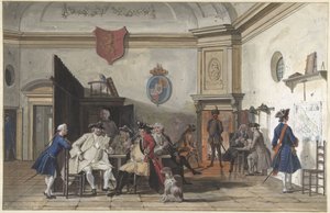 警官が読書、喫煙、トランプをしている待合室 作： Cornelis Troost