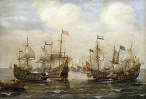 1630年頃、スペインとオランダの衝突。それぞれの船は旗を持ち、左側にはオランダの国旗を掲げた船がある。 作： Cornelis Verbeeck