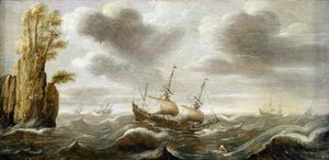 乱流の海を進むオランダ船、岩から回転し、頂上には植物が生い茂り、水平線には他の船が描かれている。 作： Cornelis Verbeeck