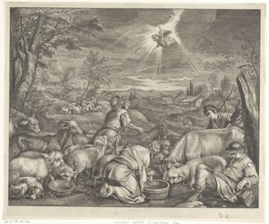 アブラハムはシェケムに向けて出発する / 羊飼いへの告知 作： Cornelis Visscher (II)