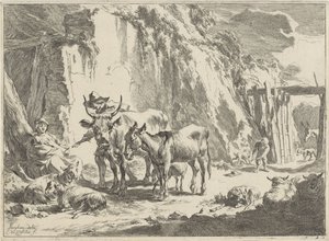 子供に食事を与える女性のいる風景 風景（シリーズタイトル） 作： Cornelis Visscher (II)