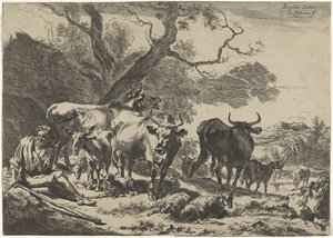 群れと一緒に年老いた羊飼いを休ませる 風景（シリーズタイトル） 作： Cornelis Visscher (II)
