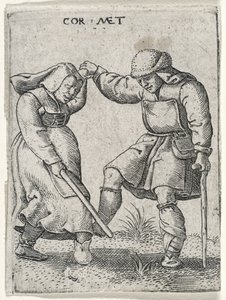 女性と一緒に踊る包帯を巻いた足を持つ男、1572年（敷設紙に彫刻）