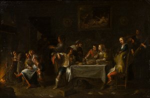 テーブルの周りでごちそうを食べる紳士淑女、c.1612-67（油、キャンバス、紙） 作： Cornelis de (attr. to) Wael