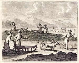 シベリアを犬ぞりで旅するロシア人。 コルネイユ・ル・ブランの航海記より。1718
