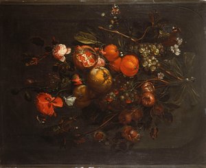 ニッチの釘からぶら下がっている果物と花の花束 作： Cornelis de Heem