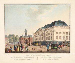 アムステルダムNo. 20の眺め。 De Hollandsche Schouwburg en de Leydsche Poort。ダッチシアターとライデン港、1825年（手描きの彫刻） 作： Cornelis de Kruyff