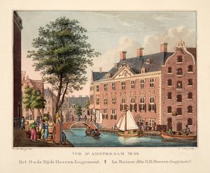 Vue d&39;Amsterdam No. 35。古いZijd Heeren-Logement。 La Maison dite OZ Heeren-Logement、1825年（手描きの彫刻） 作： Cornelis de Kruyff