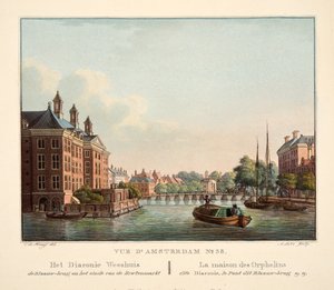 Vue d&39;Amsterdam No. 38。 Diaconie Weeshuis de Blaauw橋とエンドウ豆市場の終わり。 La Maison des Orphelins dite Diaconie、le Pont dit Blaauwブリッジ、1825年（手描きの彫刻） 作： Cornelis de Kruyff