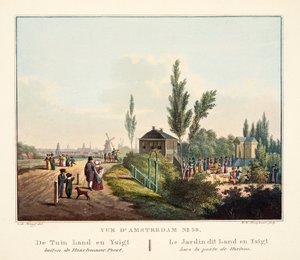 Vue d&39;Amsterdam No. 39。ガーデンランドとハージマーポールトの外のイツィクト。 Le Jardin dit Land en Yzigt hors la porte de Harlem、1825（hand-colored engraving） 作： Cornelis de Kruyff