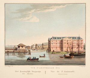 Vue d&39;Amsterdam No. 5。海軍の王立倉庫。 Vue de l&39;Amirautè、1825年（手描きの彫刻） 作： Cornelis de Kruyff