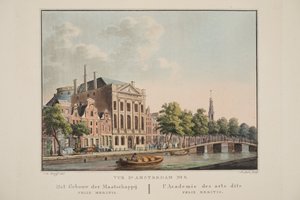 Vue d&39;Amsterdam No.6フェリックスメリティスビルディング。 L&39;Academie des arts diteフェリックスメリティス、1825年（手描きの彫刻） 作： Cornelis de Kruyff