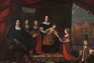 Reyer Reyersz van der Burch (1630-1695)、デルフトの州総督のアーセナルに配属された弾薬担当官、彼の妻 Geertruid Graswinkel とその子供たち Frank、Cornelis、Reyer、Maria、Alida 作： Cornelis de Man (attributed to)