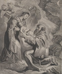 聖フランシスのビジョン、右にひざまずき、聖母からキリストの子供を受け取ります...、1650. 作： Cornelis de Visscher