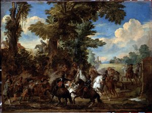 戦闘シーン（Battle scene） コルネリス・デ・ワエル（1592-1667）の絵画（ec flam） 薄さ75x100cm ゲネス、ストラーダ・ヌオーヴァ美術館（元パラッツォ・ビアンコ）。 作： Cornelis de Wael