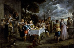 放蕩息子の歴史：放蕩コルネリス・デ・ウァエル（1592-1667）の絵画、1630-1639年頃の作品。フランドル美術。キャンバスに油彩。寸法：57x86cm。ゲネス、プリヴェ・コレクション。 作： Cornelis de Wael