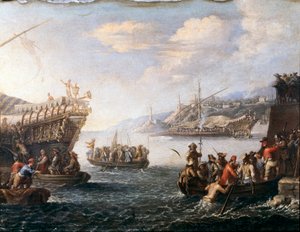ゲノツ港でトルコ軍と戦うために乗船する兵士たち（絵画 作： Cornelis de Wael