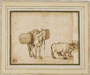 スケッチ2点：バスケットを運ぶラバ、横たわった牛のペア 作： Cornelis de Wael