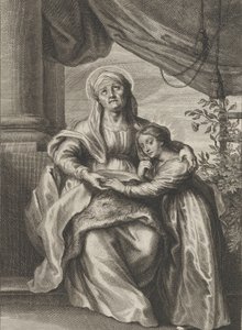 聖アンナが上向きのベンチに座っている聖母の教育と...、ca。 1645-78。
