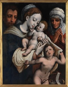 エリザベートと洗礼者ヨハネのいる聖家族 (パネルに油彩) 作： Cornelis van Cleve