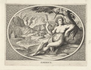 風景の中に羽飾りと矢を持つ女性としてのアメリカ大陸の女性の擬人化 アメリカ (オブジェクトのタイトル) 作： Cornelis van Dalen (II)