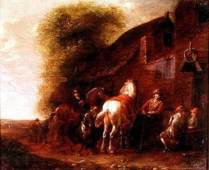 村の宿屋の外にいる騎手たち 作： Cornelis van Essen