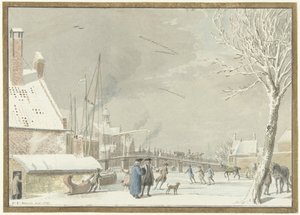 スケーターがいる凍った都市運河 作： Cornelis van Noorde
