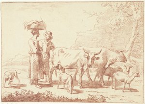 牛や羊を連れた羊飼いと女性 作： Cornelis van Noorde