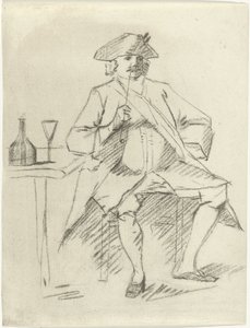テーブルに座ってパイプを持つ男 作： Cornelis van Noorde