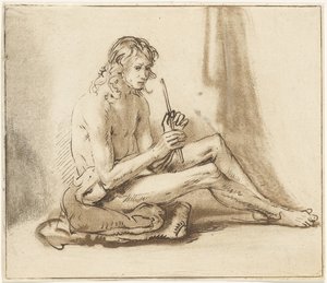 フルートを持って座っている裸の男