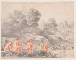 風景の中の裸体 (おそらくダイアナとカリスト) 作： Cornelis van Poelenburch