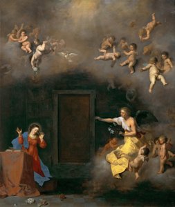 ポーレンバーグ、コルネリス、ファン（1594/95-1667）の「受胎告知」。銅に油彩、1635年頃。寸法48x41cm。ウィーン美術史博物館 作： Cornelis van Poelenburgh or Poelenburch