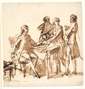 テーブルを囲んで 4 人の男性がプロジェクトについて話し合っています。 作： Cornelius Høyer