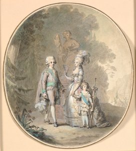 ハガパルケンを散歩するグスタフ 3 世、ソフィー マグダレン女王、グスタフ アドルフ皇太子。 作： Cornelius Høyer