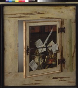 だまし絵。 象牙のタンカードを備えた珍品のキャビネット 作： Cornelius Norbertus Gijsbrechts