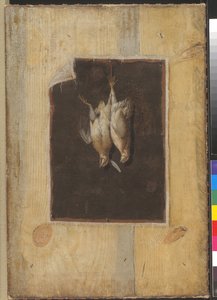 だまし絵。 壁にぶら下がっている2羽の死んだ鳥の静物を持つボードパーティション 作： Cornelius Norbertus Gijsbrechts